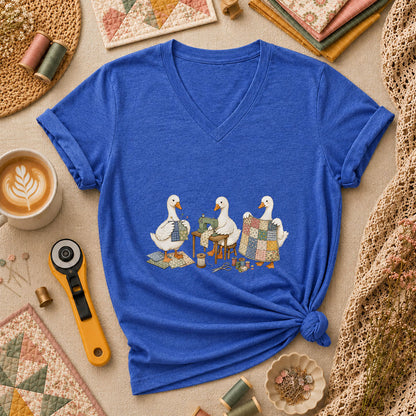 Quilting Geese Trio Vintage Women's V-Neck - Heather True Royal