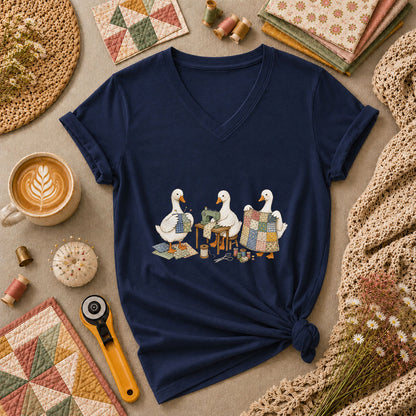 Quilting Geese Trio Vintage Women's V-Neck - Navy