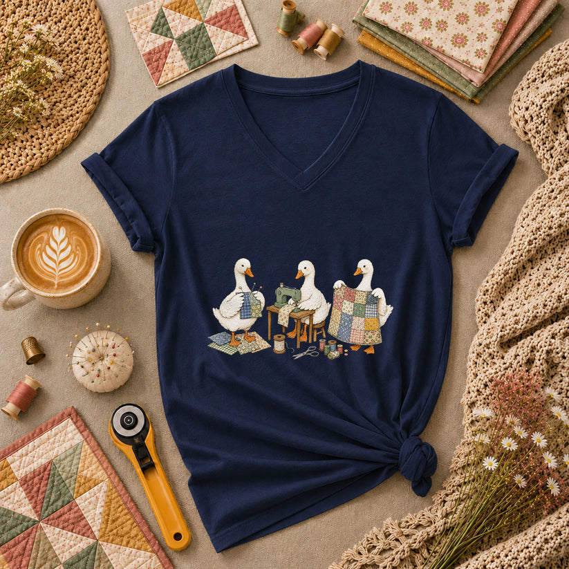 Quilting Geese Trio Vintage Women's V-Neck - Navy