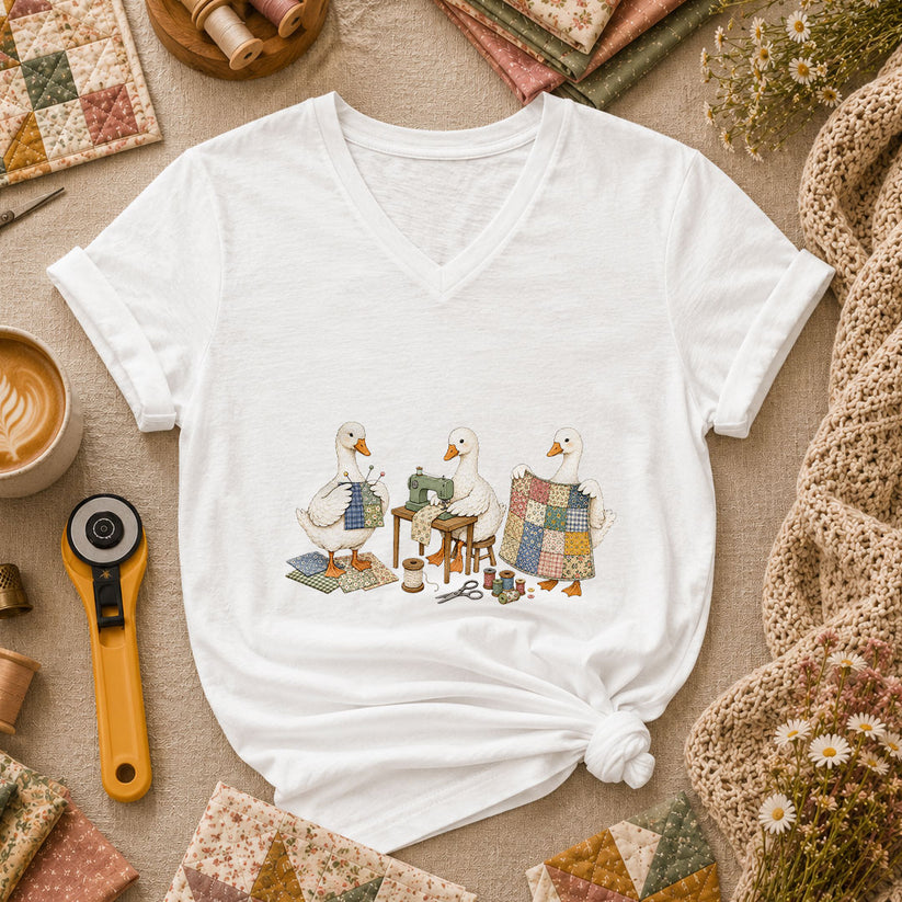 Quilting Geese Trio Vintage Women's V-Neck - White