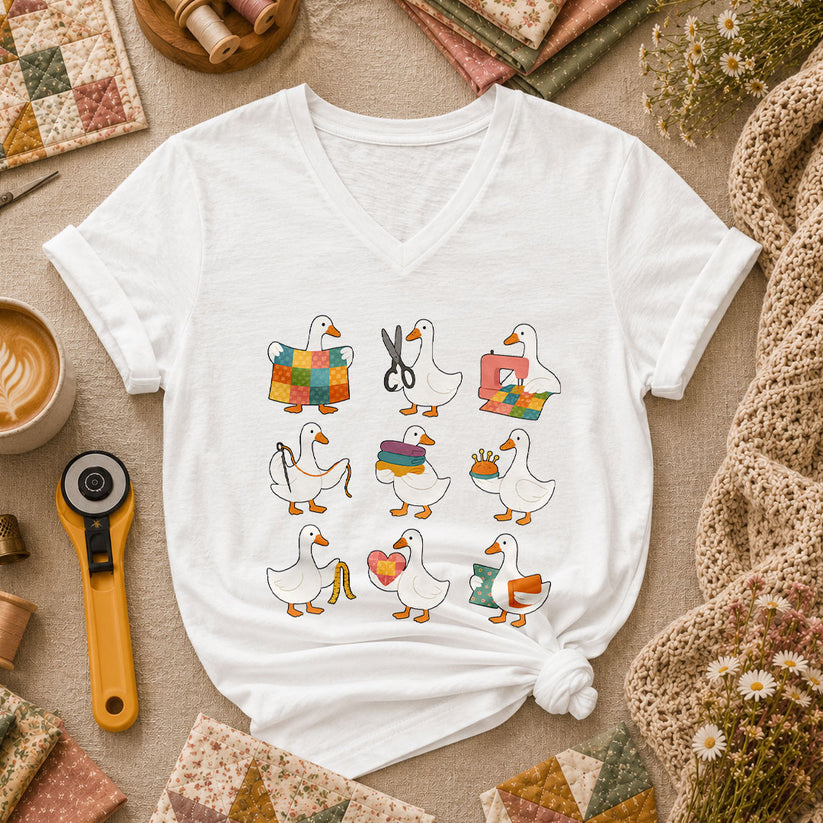 Quilting Goose Squad Trio Women's V-Neck - White
