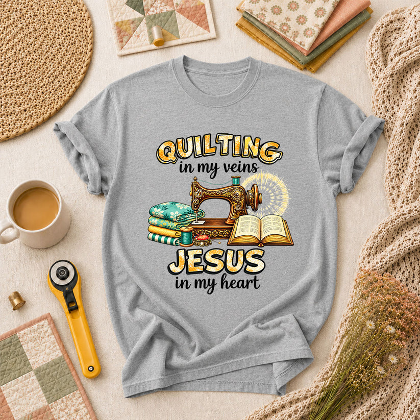 Quilting In My Veins Jesus In My Heart T-Shirt - Athletic Heather