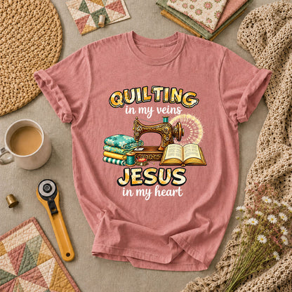 Quilting In My Veins Jesus In My Heart T-Shirt - Heather Mauve