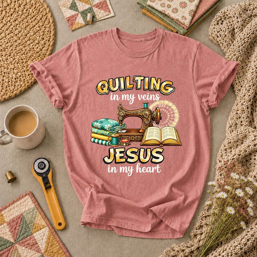 Quilting In My Veins Jesus In My Heart T-Shirt - Heather Mauve