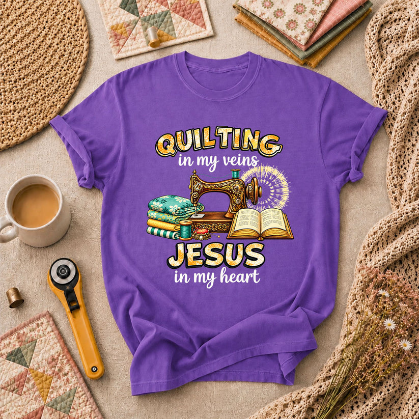 Quilting In My Veins Jesus In My Heart T-Shirt - Heather Team Purple