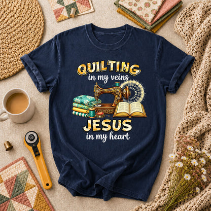 Quilting In My Veins Jesus In My Heart T-Shirt - Navy