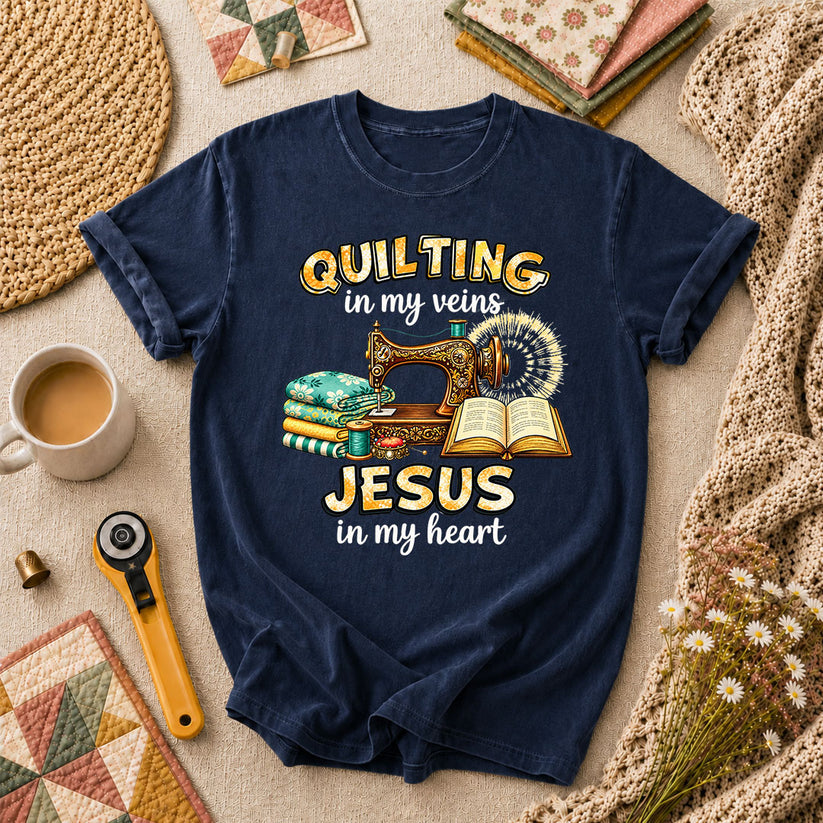 Quilting In My Veins Jesus In My Heart T-Shirt - Navy