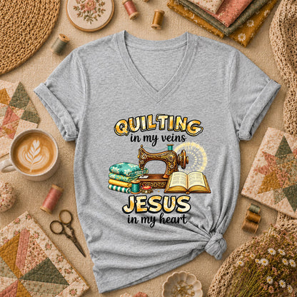 Quilting In My Veins Jesus In My Heart Women's V-Neck - Athletic Heather
