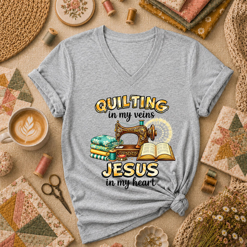 Quilting In My Veins Jesus In My Heart Women's V-Neck - Athletic Heather