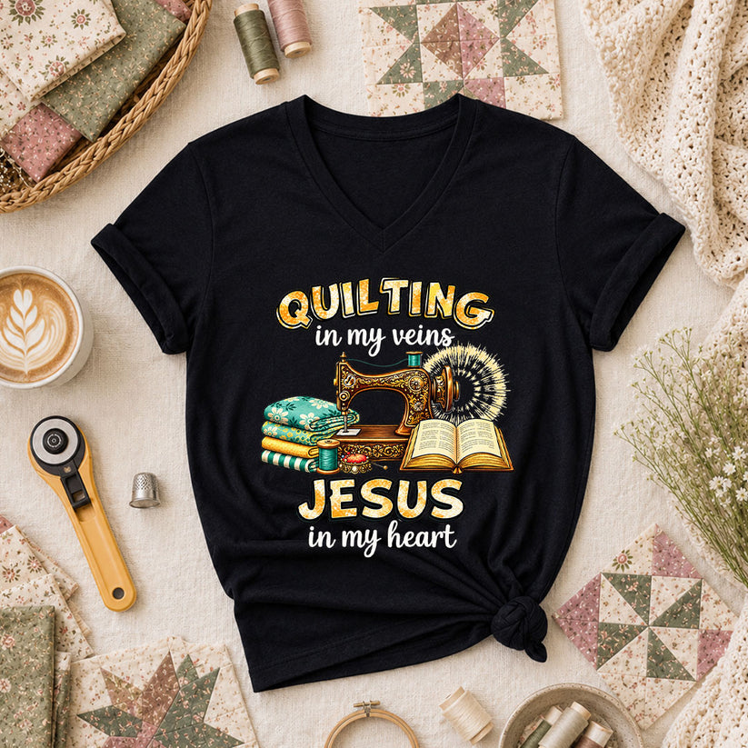 Quilting In My Veins Jesus In My Heart Women's V-Neck - Black