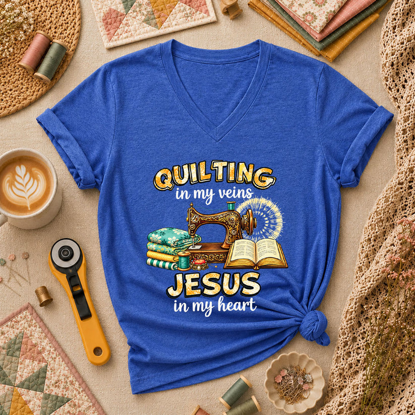 Quilting In My Veins Jesus In My Heart Women's V-Neck - Heather True Royal