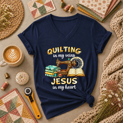 Quilting In My Veins Jesus In My Heart Women's V-Neck - Navy