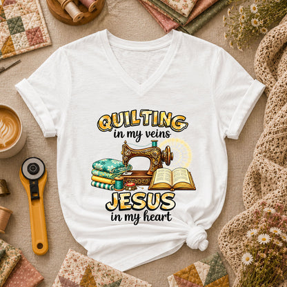 Quilting In My Veins Jesus In My Heart Women's V-Neck - White
