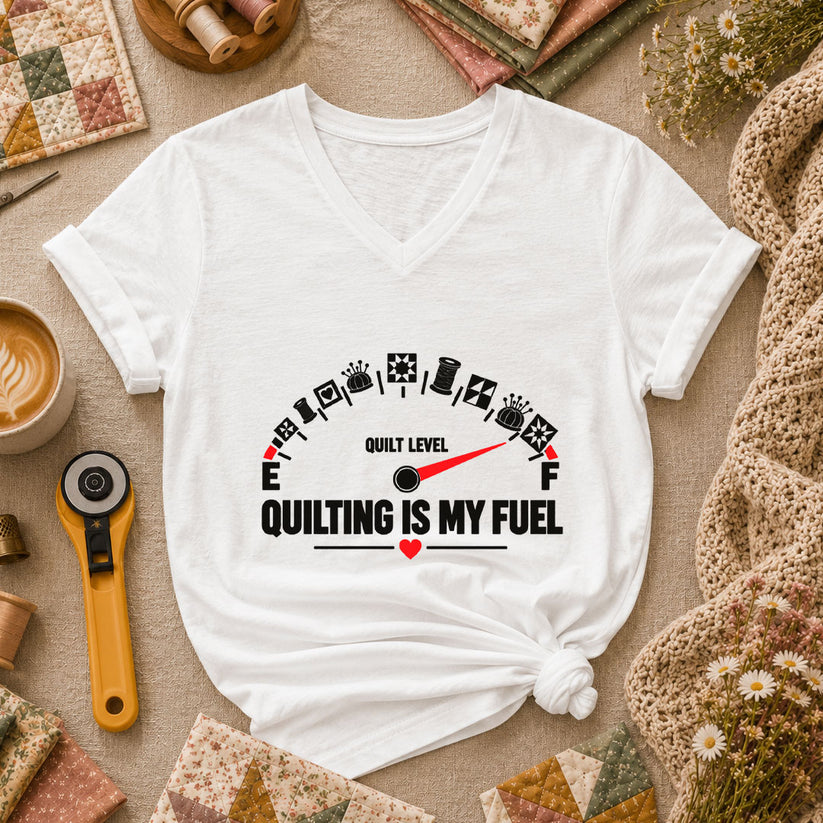 Quilting Is My Fuel Gauge Women's V-Neck - White