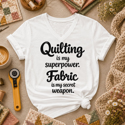 Quilting Is My Superpower Fabric Is My Secret Weapon Women's V-Neck - White
