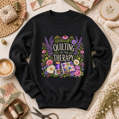 Quilting Is My Therapy Floral Long Sleeve - Black