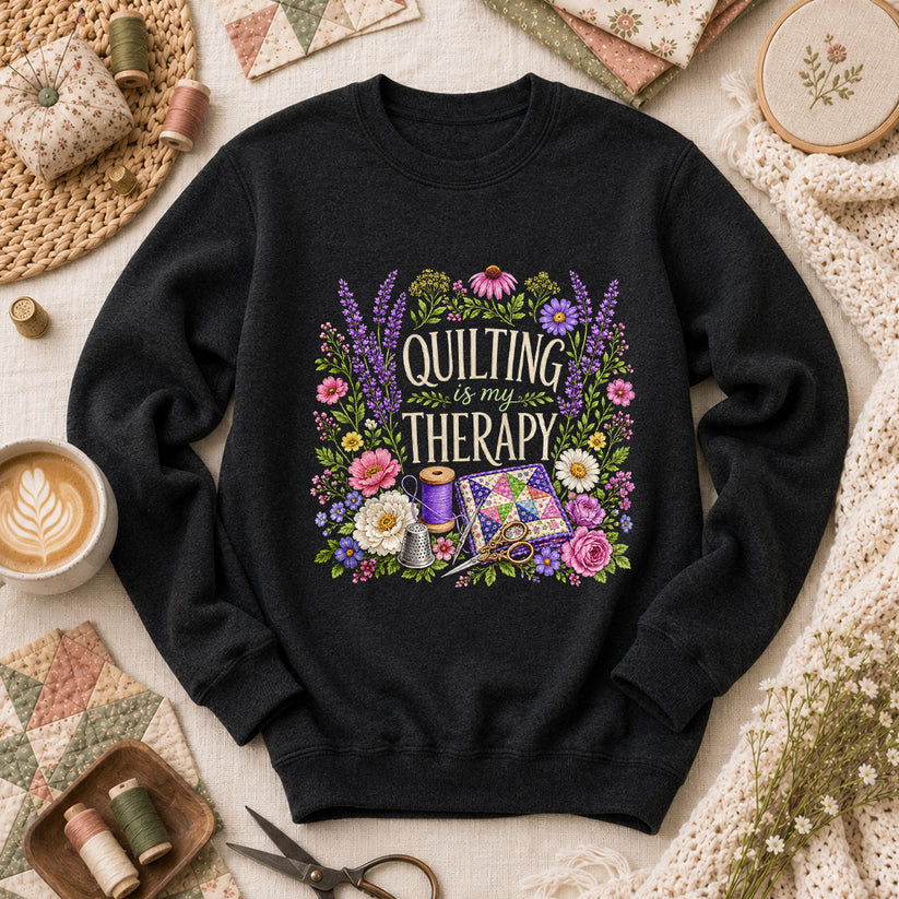 Quilting Is My Therapy Floral Long Sleeve - Black