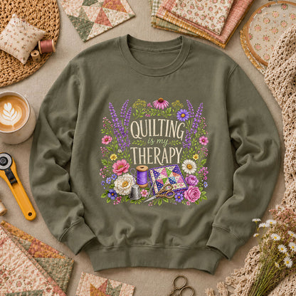Quilting Is My Therapy Floral Long Sleeve - Military Green