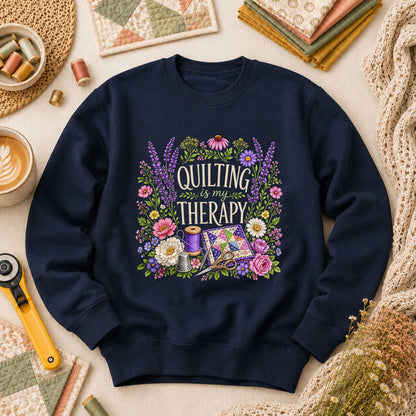 Quilting Is My Therapy Floral Long Sleeve - Navy