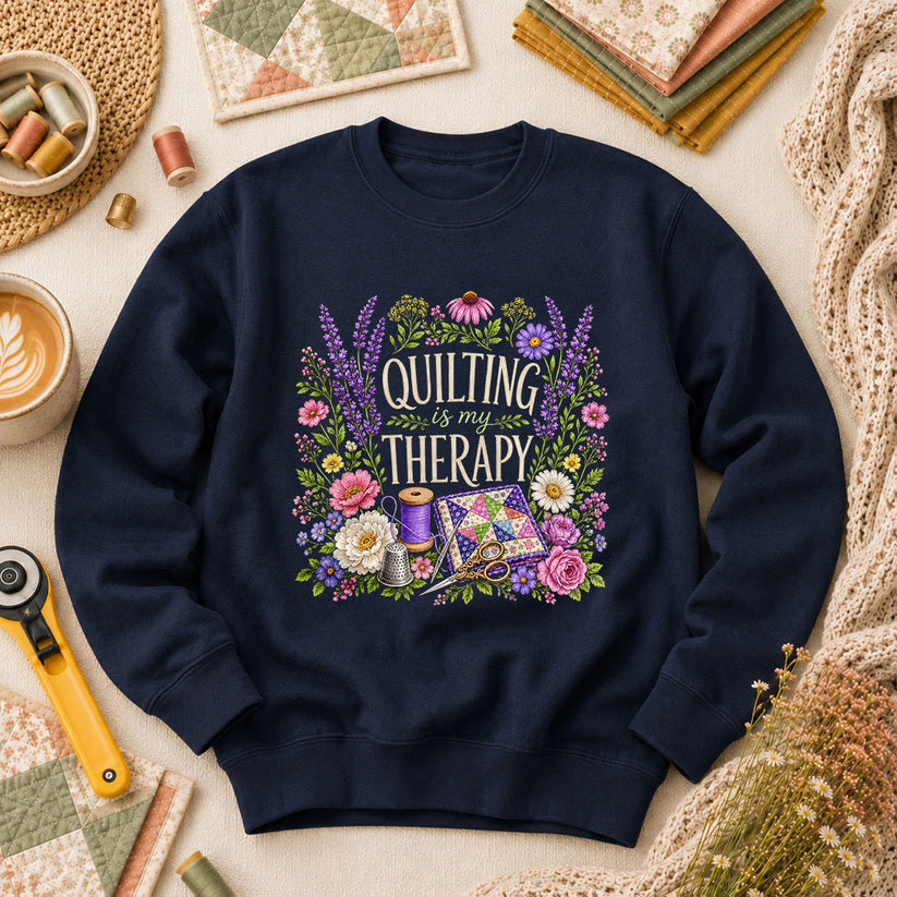 Quilting Is My Therapy Floral Long Sleeve - Navy