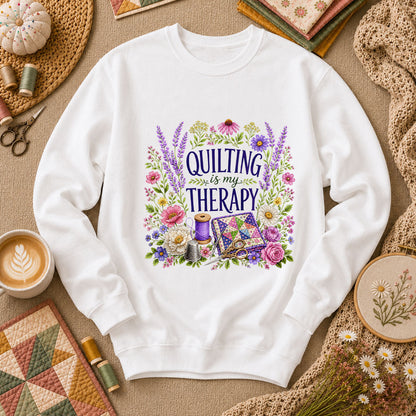 Quilting Is My Therapy Floral Long Sleeve - White