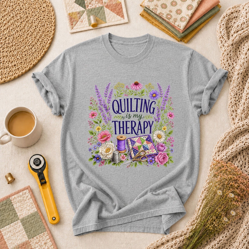 Quilting Is My Therapy Floral T-Shirt - Athletic Heather