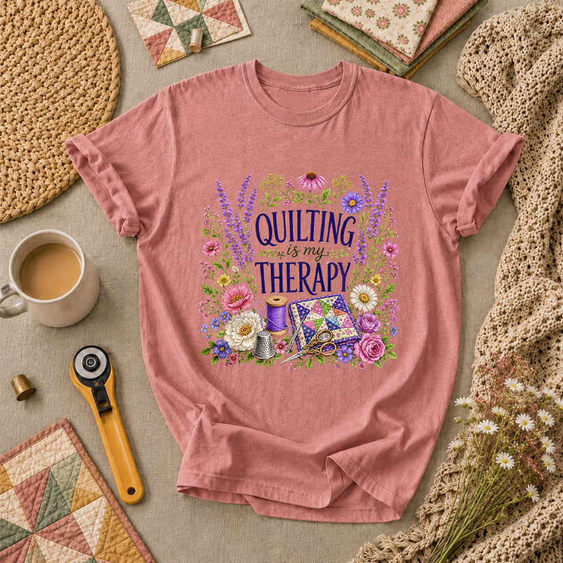 Quilting Is My Therapy Floral T-Shirt - Heather Mauve