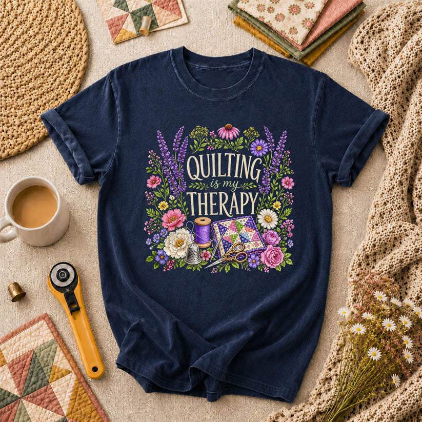 Quilting Is My Therapy Floral T-Shirt - Navy