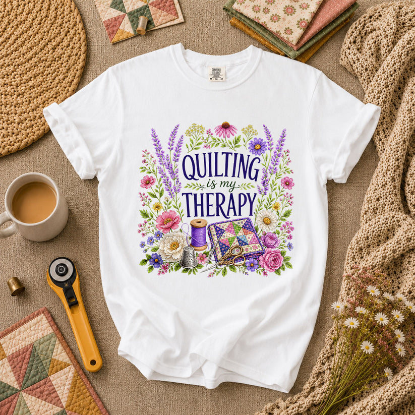 Quilting Is My Therapy Floral T-Shirt - White