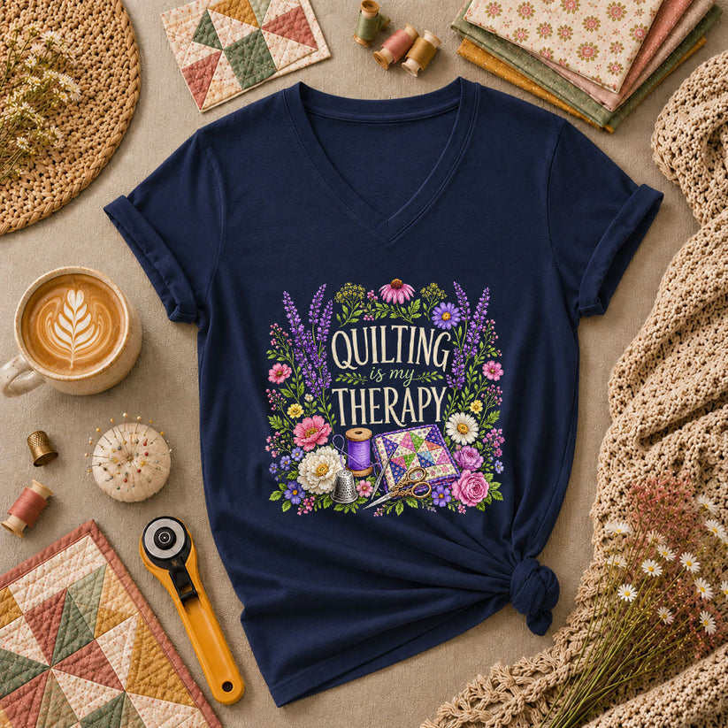 Quilting Is My Therapy Floral Women's V-Neck - Navy