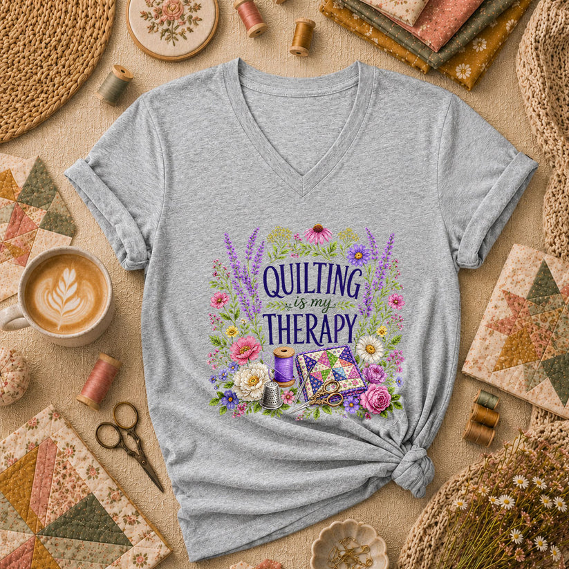 Quilting Is My Therapy Floral Women's V-Neck - Sport Grey