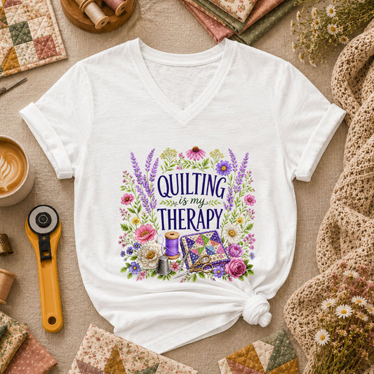 Quilting Is My Therapy Floral Women's V-Neck - White