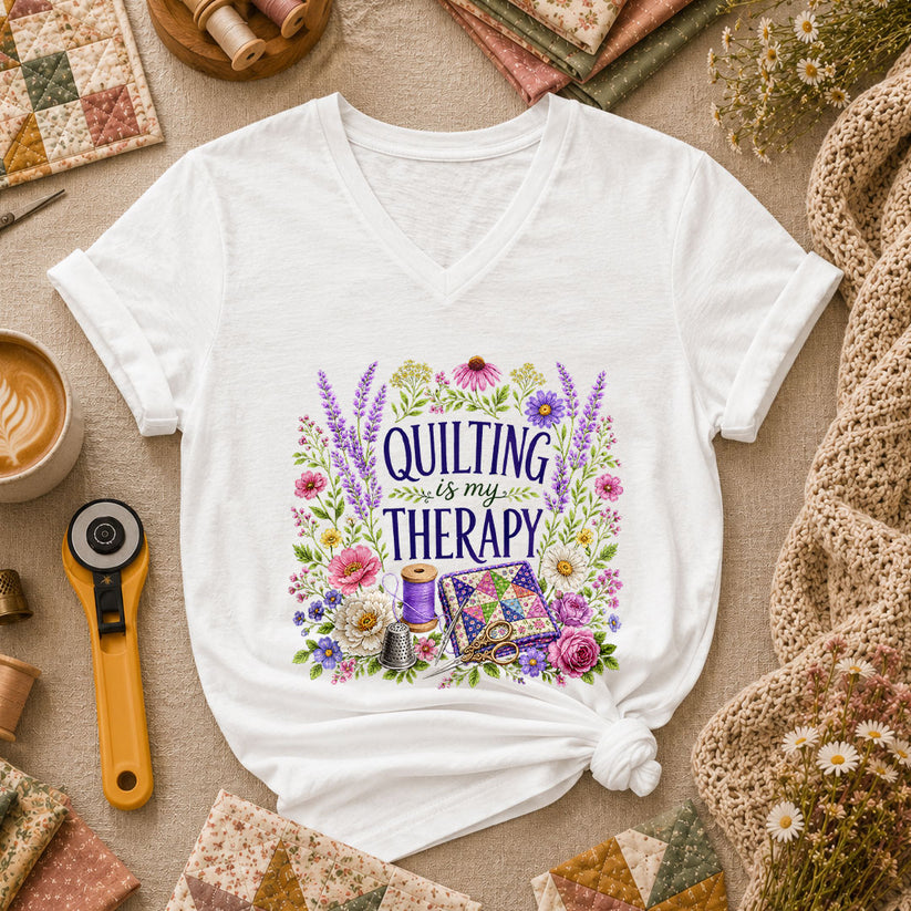 Quilting Is My Therapy Floral Women's V-Neck - White