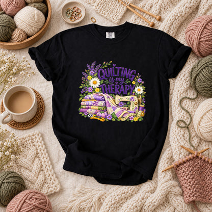 Quilting Is My Therapy Lavender T-Shirt - Black