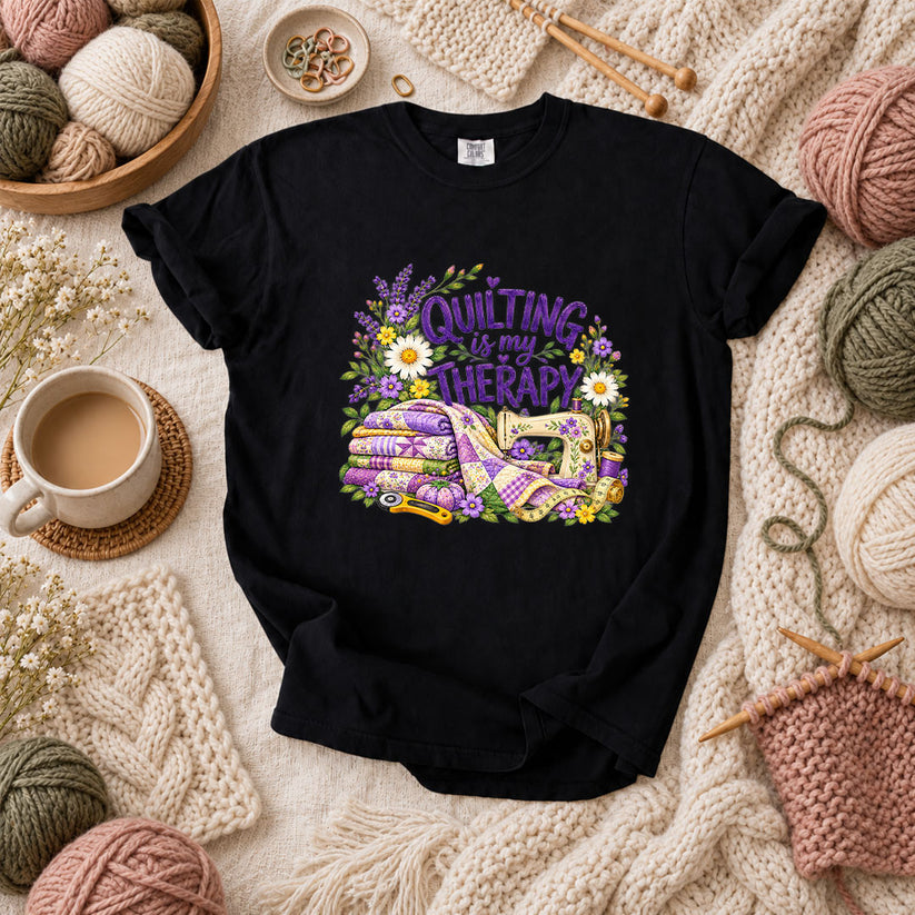 Quilting Is My Therapy Lavender T-Shirt - Black