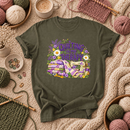 Quilting Is My Therapy Lavender T-Shirt - Military Green