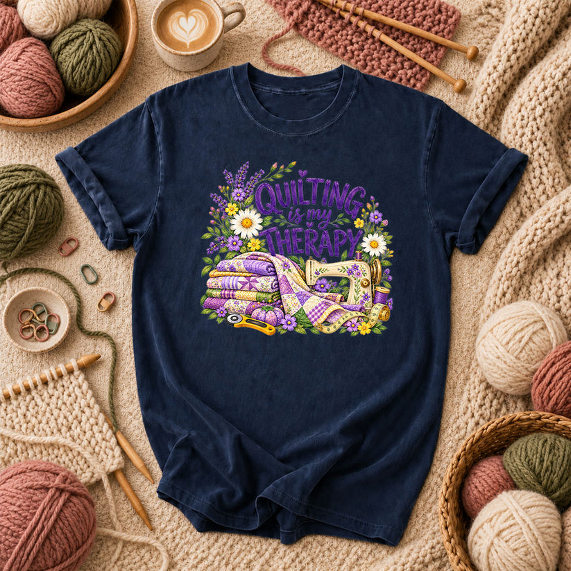 Quilting Is My Therapy Lavender T-Shirt - Navy