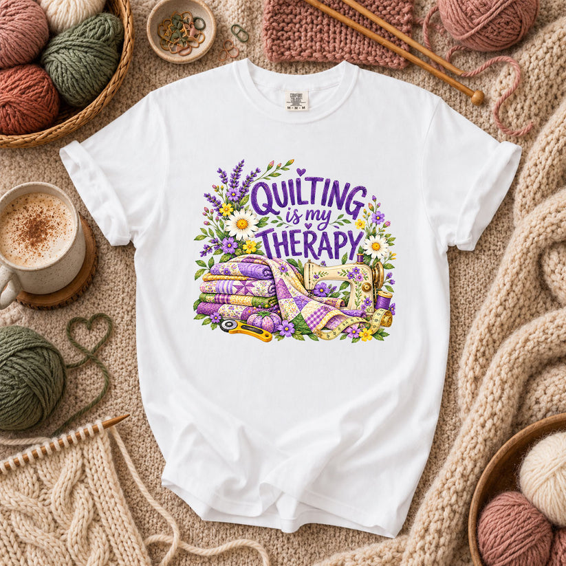 Quilting Is My Therapy Lavender T-Shirt - White