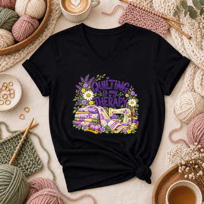 Quilting Is My Therapy Lavender Women's V-Neck - Black