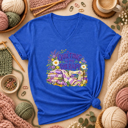 Quilting Is My Therapy Lavender Women's V-Neck - Heather True Royal