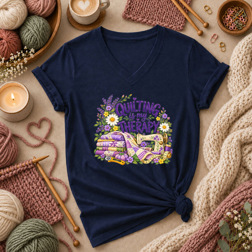 Quilting Is My Therapy Lavender Women's V-Neck - Navy