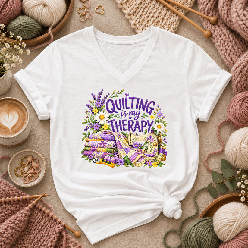 Quilting Is My Therapy Lavender Women's V-Neck - White