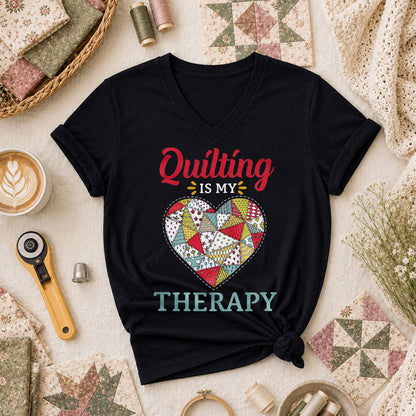 Quilting Is My Therapy Women's V-Neck - Black