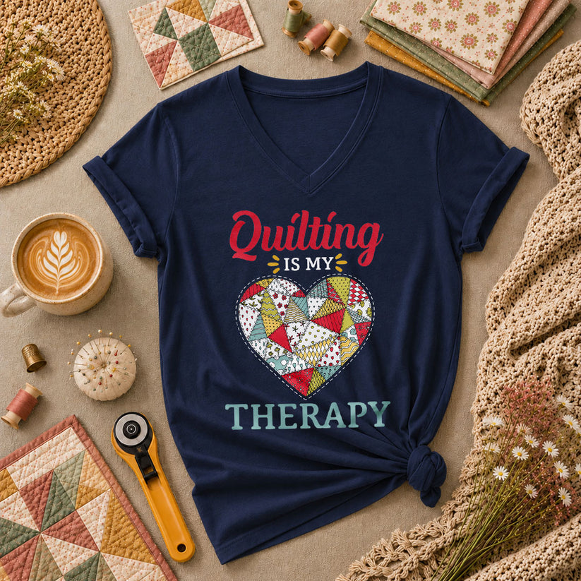 Quilting Is My Therapy Women's V-Neck - Navy