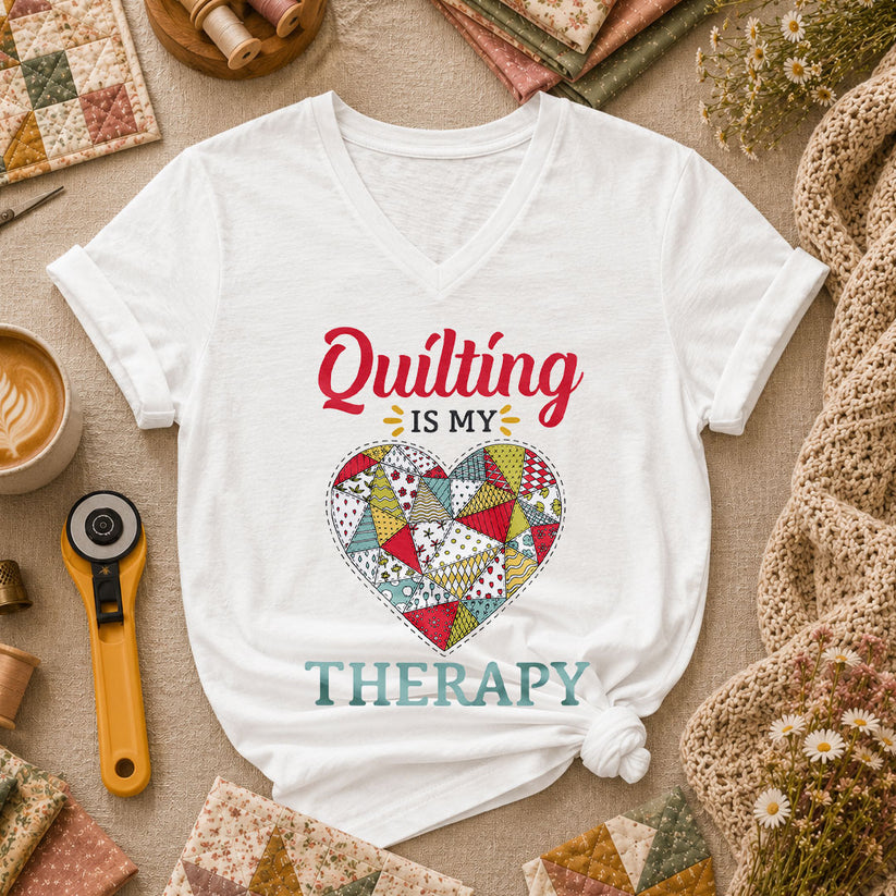 Quilting Is My Therapy Women's V-Neck - White