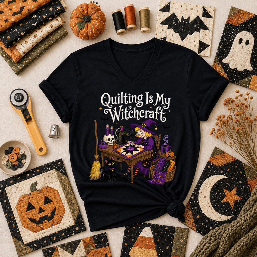 Quilting Is My Witchcraft Halloween Women's V-Neck - Black