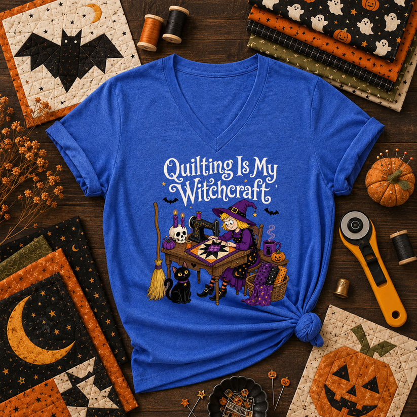 Quilting Is My Witchcraft Halloween Women's V-Neck - Heather True Royal