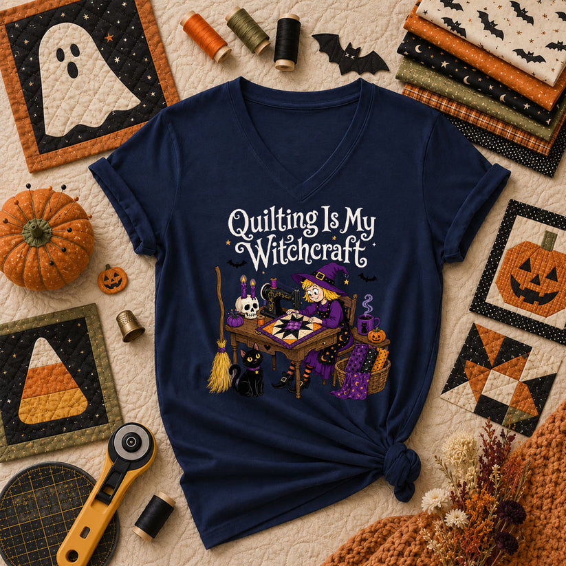 Quilting Is My Witchcraft Halloween Women's V-Neck - Navy