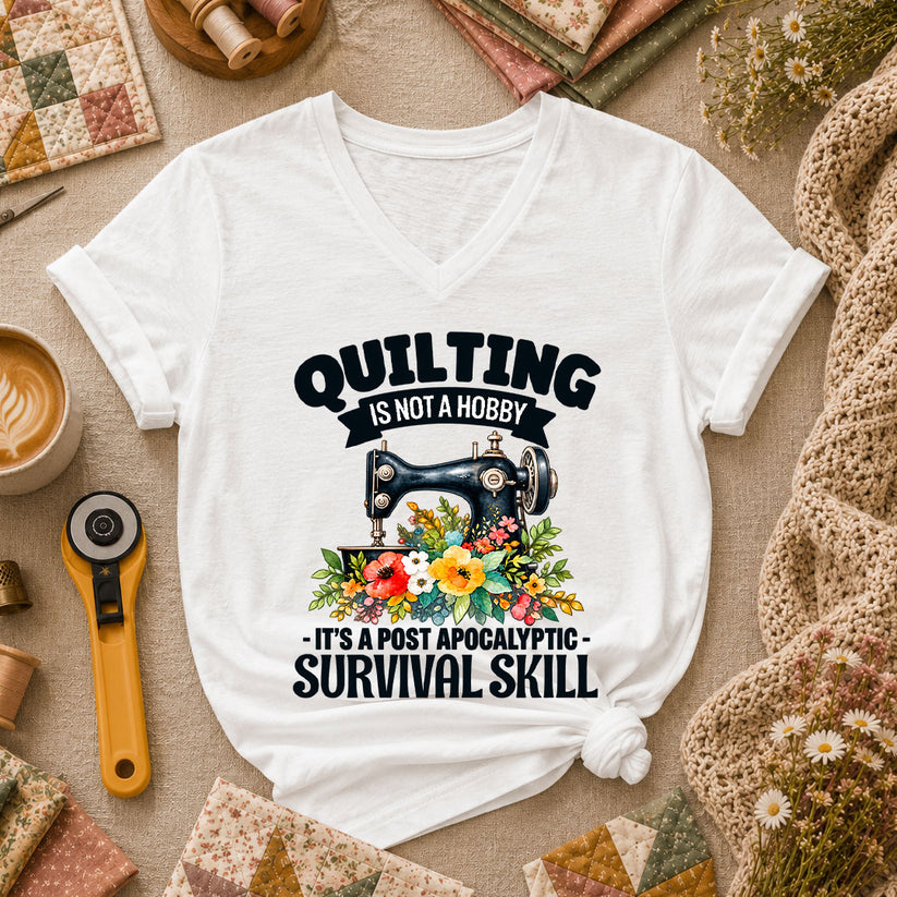 Quilting Is Not A Hobby It's A Post Apocalyptic Survival Skill Women's V-Neck - White