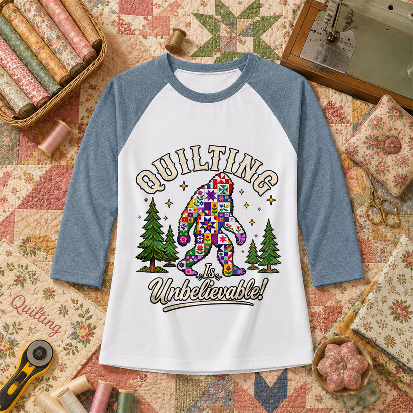 Quilting Is Unbelievable Bigfoot Patchwork Raglan Sleeve - Denim